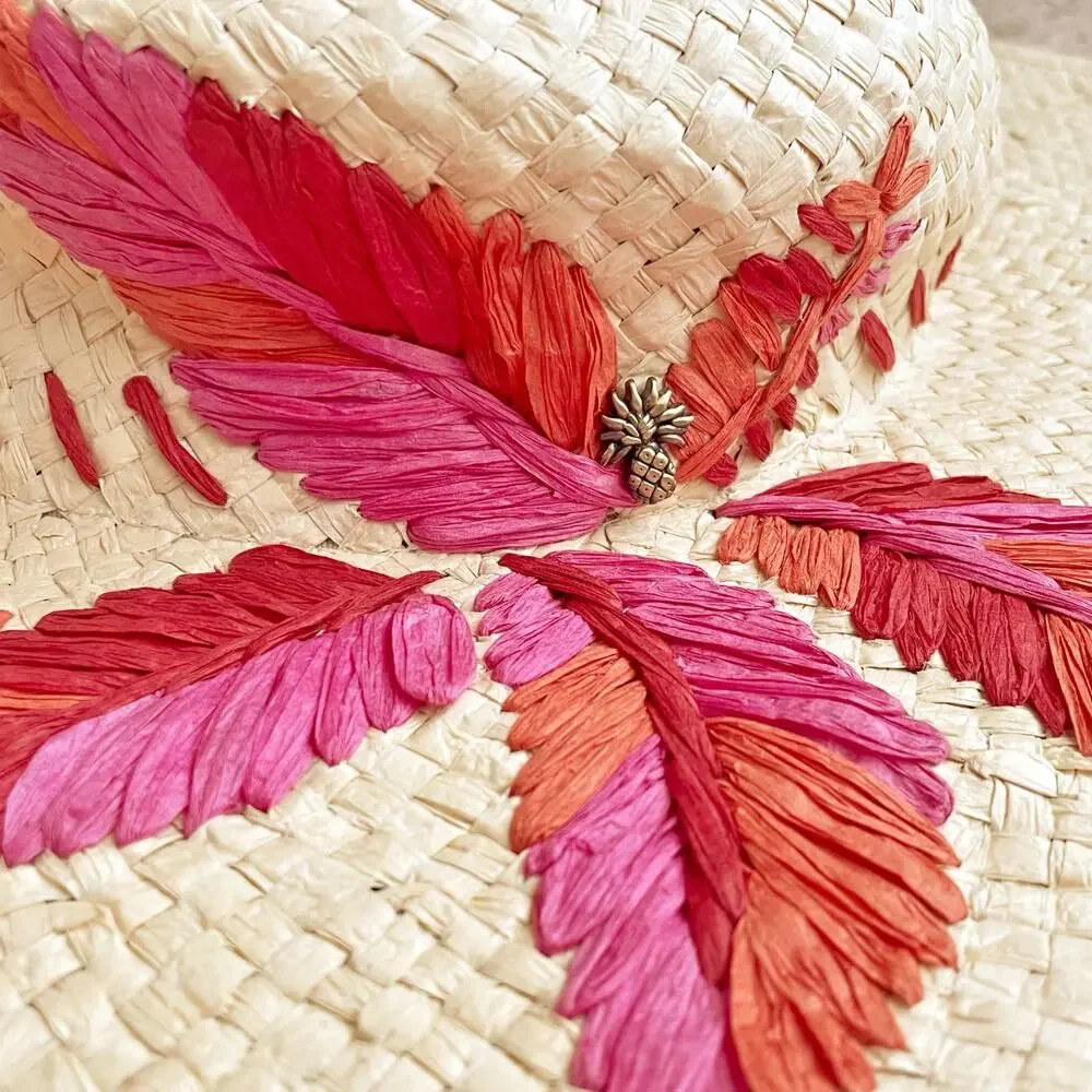 TOMMY BAHAMA Wide Straw Sun Hat w/ Paper Floral Design & Brass Pineapple Pin